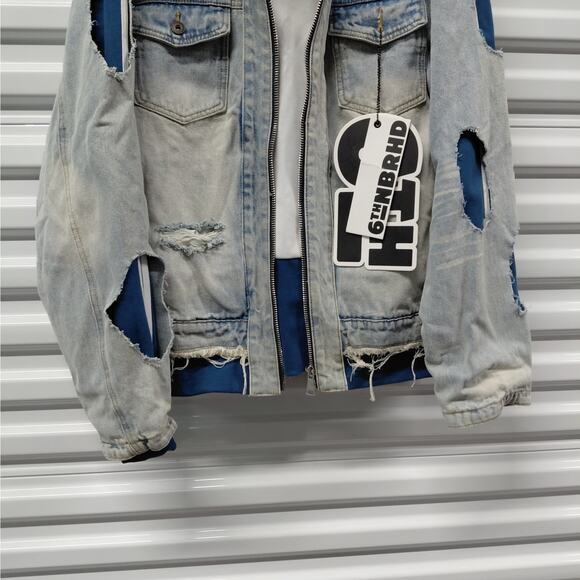 6th NBRHD Stripes Men’s Light Wash Distressed Denim Jacket XL Streetwear Y2K - Picture 7 of 13